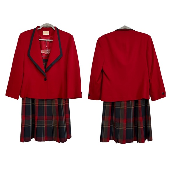 Vintage Pendleton Wool Skirt Suit Set Red Plaid Tartan Pleated